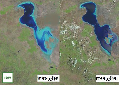 در تصویر فوق تفاوت عمق و پهنه آبی در یاچه ارومیه در روزهای ۱۹ تیر ۱۳۹۵ و ۱۶ تیر ۱۳۹۴ به وضوح مشخص است