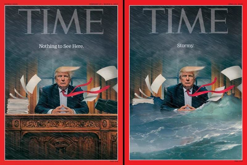 ⁠⁣مقایسه جلد مجله تایم به تاریخ ۲۳ آوریل ۲۰۱۸ (سمت راست) و جلد قدیمی‌تر (سمت چپ) به تاریخ ۲۷ فوریه ۲۰۱۷
