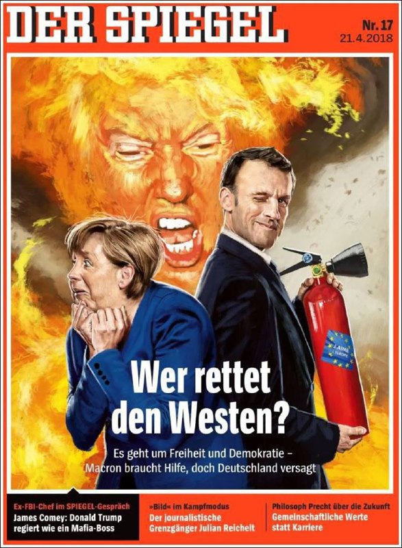 ⁠⁣جلد این هفته اشپیگل تصویری است از ماکرون، ترامپ و مرکل با عنوان «چه کسی غرب را نجات خواهد داد؟» این شماره «پیرامون آزادی و دموکر