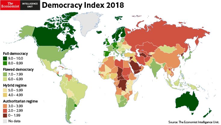 نقشه شاخص دموکراسی در جهان به روایت اکونومیست.. رتبه بندی برخی کشورها:.۱. نروژ.۲