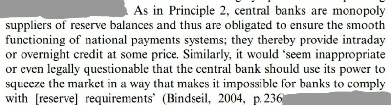 بانک مرکزی با توجه به اهمیت بازار تسویه بین بانکی، هیچگاه نباید بگونه‌ای عمل کند که بانکها حتی در پرداخت ذخائر قانونی به مشکل برخو