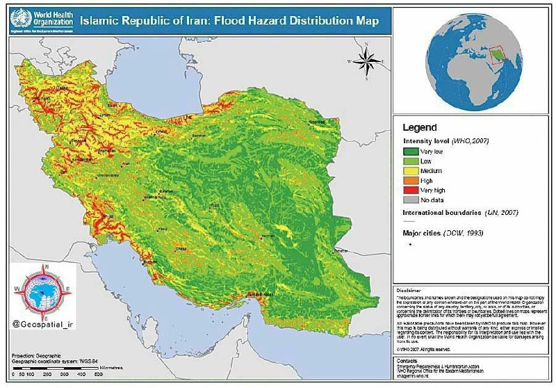 سازمان بهداشت جهانی، نقشه توزیع خطر سیل در ایران را منتشر کرد …▫️خطر سیل در مناطق سبز رنگ خیلی کم ارزیابی شده اما مناطق قرمز رنگ، 