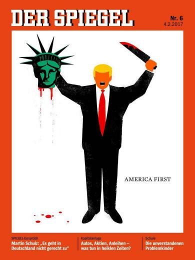مجله اشپیگل آلمان؛ ترامپ را مثل یک تروریست روی جلد خود به تصویر کشیده درحالی که سر مجسمه آزادی را قطع کرده است …با تیتر: «ابتدا آم