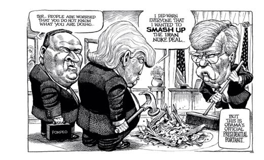 کاریکاتور این هفته اکونومیست، کاری که ترامپ با برجام کرده صداى پمپئو وزیر خارجه تند رو او را هم در آورده، مى گوید مردم نگران هستند