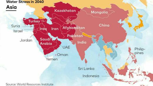🔺 پیش بینی میزان درگیر شدن کشورهای مختلف آسیایی با تنش آبی در سال ۲۰۴۰.. /صنعت آب