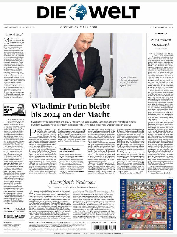 🗞دی ولت.. ولادیمیر پوتین تا ۲۰۲۴ بر سر قدرت ماند.. کمونیستها جایگاه دوم را کسب کردند
