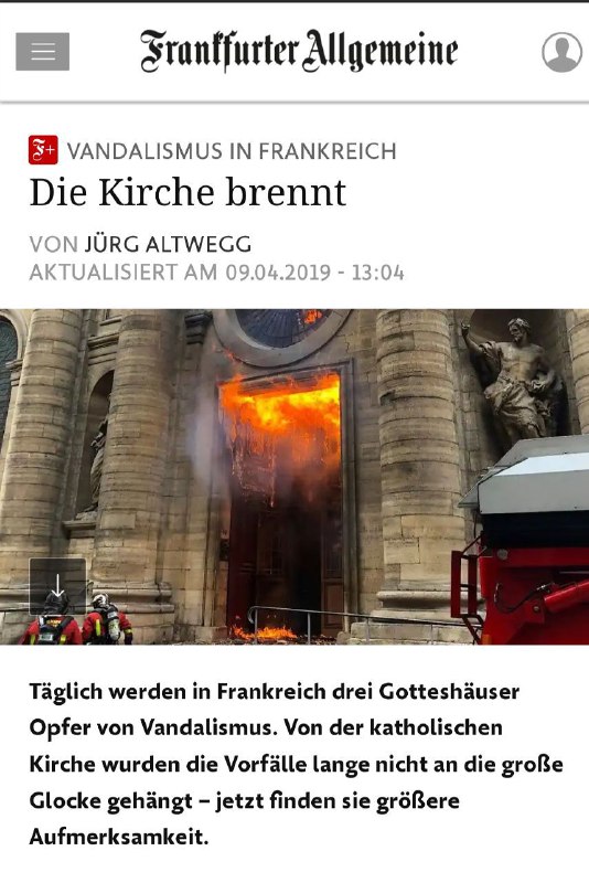 …🔹 گزارش یک هفته قبل روزنامه فرانکفورتر آلگماینه در خصوص حمله به کلیساها و مکان‌های مذهبی در فرانسه