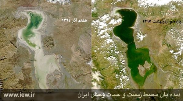 در تصاویر ماهواره اى فوق تفاوت مابین عمق و پهنه آبی دریاچه ارومیه در روزهای هفتم آذر ١٣٩٤ و یازدهم اردیبشت ١٣٩٥ به وضوح مشخص است
