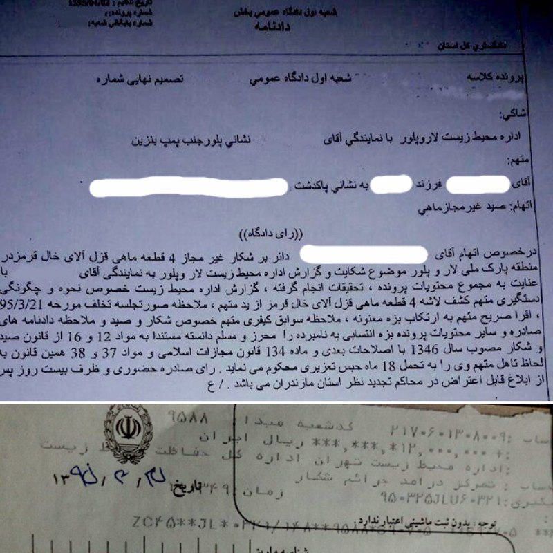 در حکمى قاطع صیاد غیرمجاز چهار عدد قزل آلا در پارک ملى لار علاوه بر پرداخت دوازده میلیون ریال جریمه نقدى به تحمل یک سال و نیم حبس 