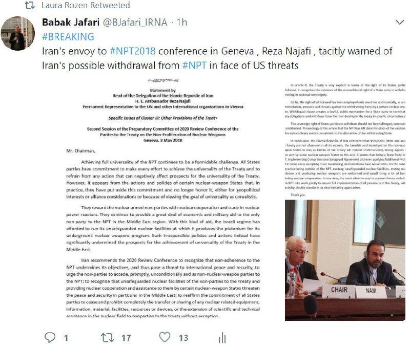 بازتاب اظهارات نجفی در کمیته مقدماتی کنفرانس بازنگری NPT در ژنو، با عنوان تهدید ضمنی ایران به خروج از معاهده منع اشاعه هسته‌ای در 