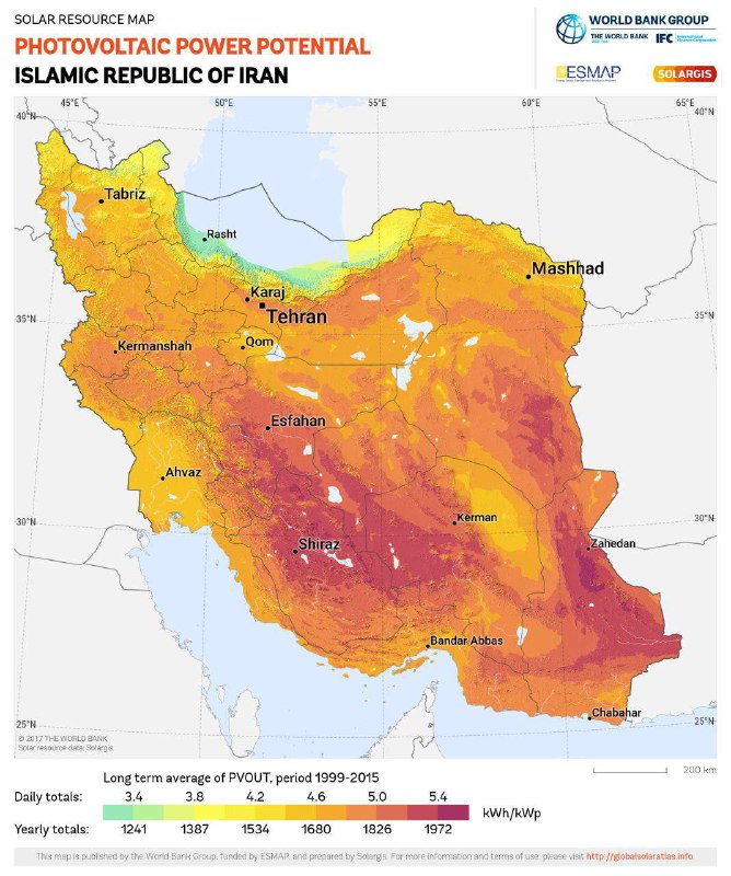 نقشه تابش و نسبت کیلوات ساعت انرژی تولید شده سالانه به توان اسمی یک واحد سلول خورشیدی در نقاط مختلف کشور