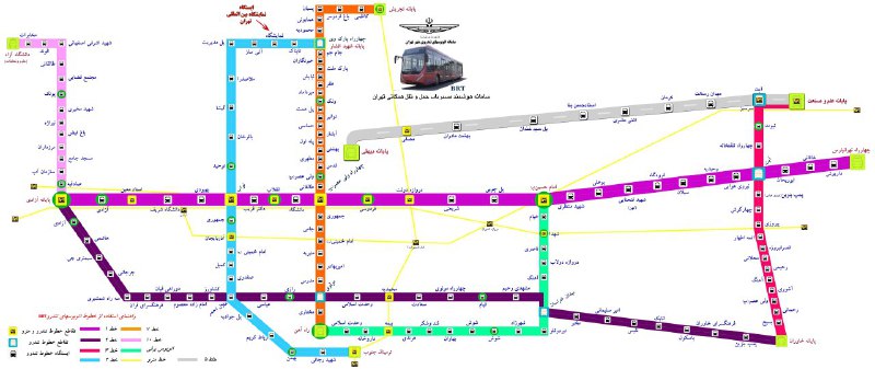 نقشه اتوبوس‌های تند رو (BRT) با ذکر ایستگاه نمایشگاه بین المللی تهران جهت بازدید از دوازدهمین دوره مسابقات بین المللی ربوکاپ آزاد 