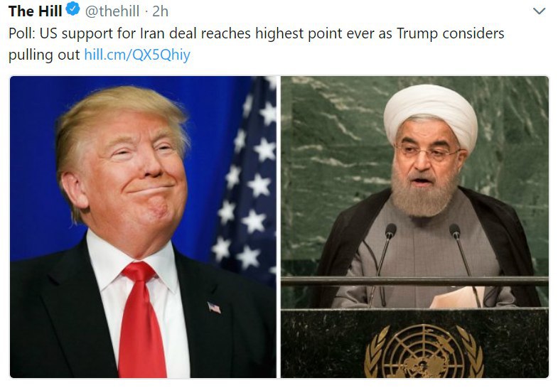 🔵 همزمان با احتمال خروج ترامپ از توافق هسته‌ای با ایران، میزان حمایت عمومی از در آمریکا به بالاترین حد رسیده است/ ۵۶ درصد موافق در
