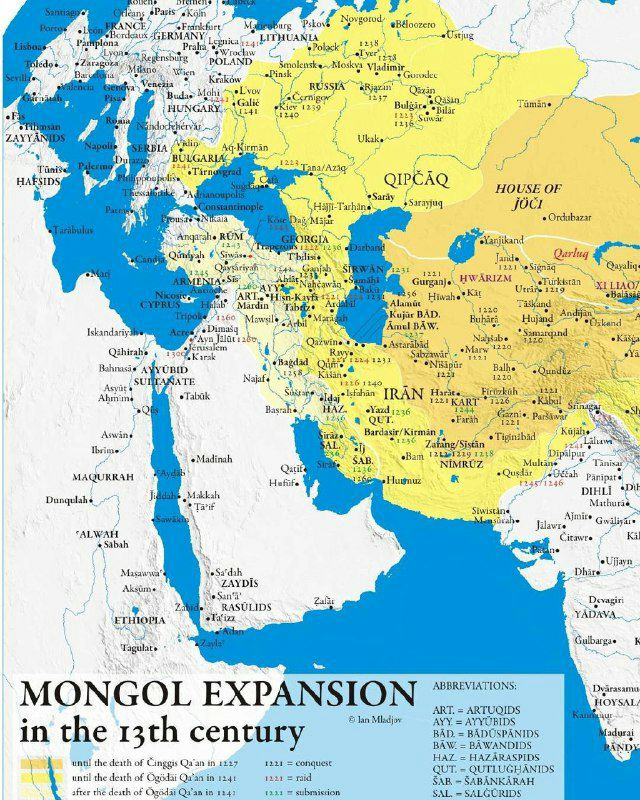 فتوحات مغول‌ها در قرن ١٣میلادی. نارنجی: فتوحات شخص چنگیز. زرد：فتوحات فرزندان چنگیز