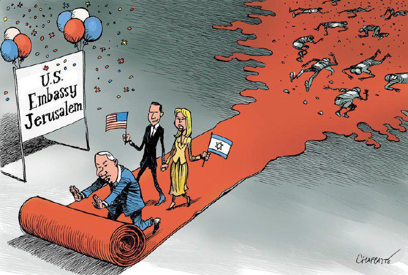 🎭کاریکاتور.. «فرش خونرنگ نتانیاهو برای مهمانان جابجایی سفارت آمریکا».. اثر: Patrick Chappatte