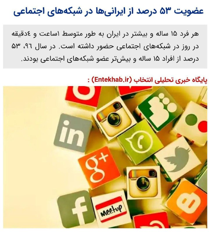 ⭕️ عضویت ۵٣ درصد از ایرانی‌ها در شبکه‌های اجتماعی