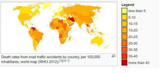 تعداد کشتگان یک سال حوادث جاده‌ای، به ازای هر صد هزار نفر جمعیت.. سازمان بهداشت جهانی