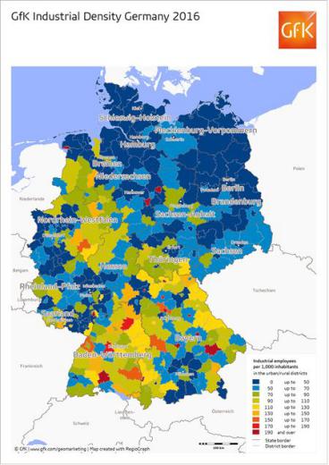 نقشه میزان تراکم صنایع در آلمان