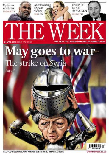 نشریه ویک در نسخه بریتانیای خود، با اشاره به حملات این کشور به سوریه، با پوشاندن لباس شوالیه‌ها بر تن ترزا می، عبارت «می به جنگ می