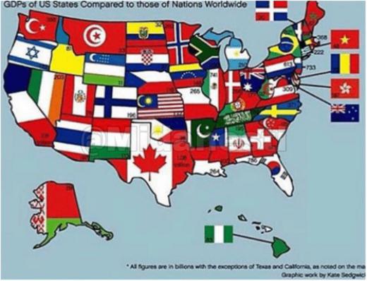 نقشه ایالت متحده آمریکا که نشان میدهد تولید ناخالص داخلی هر ایالت برابر با کدام کشور در جهان است