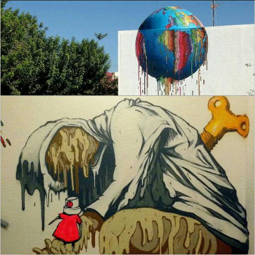 بروسک «Brusk» هنرمندی که ایده فروپاشی هر چیزی به واسطه نابودی طبیعت را دارد نقاشی‌ دیواری با این موضوع طراحی می‌کند‌